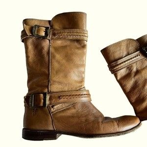 Frye Paige Trapunto Buckle Leather Cowgirl Calf Boots Light Brown Western Rodeo
